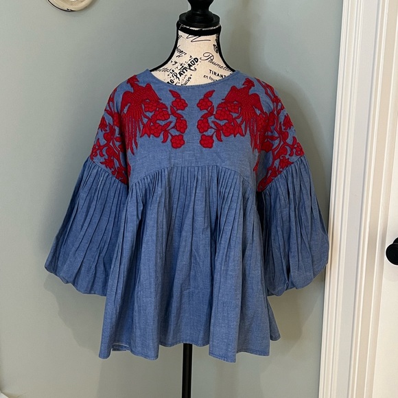 Hermant & Nandita Boho Blue Floral Red Embroidered | Size S | Flowy | Like New - Picture 11 of 14